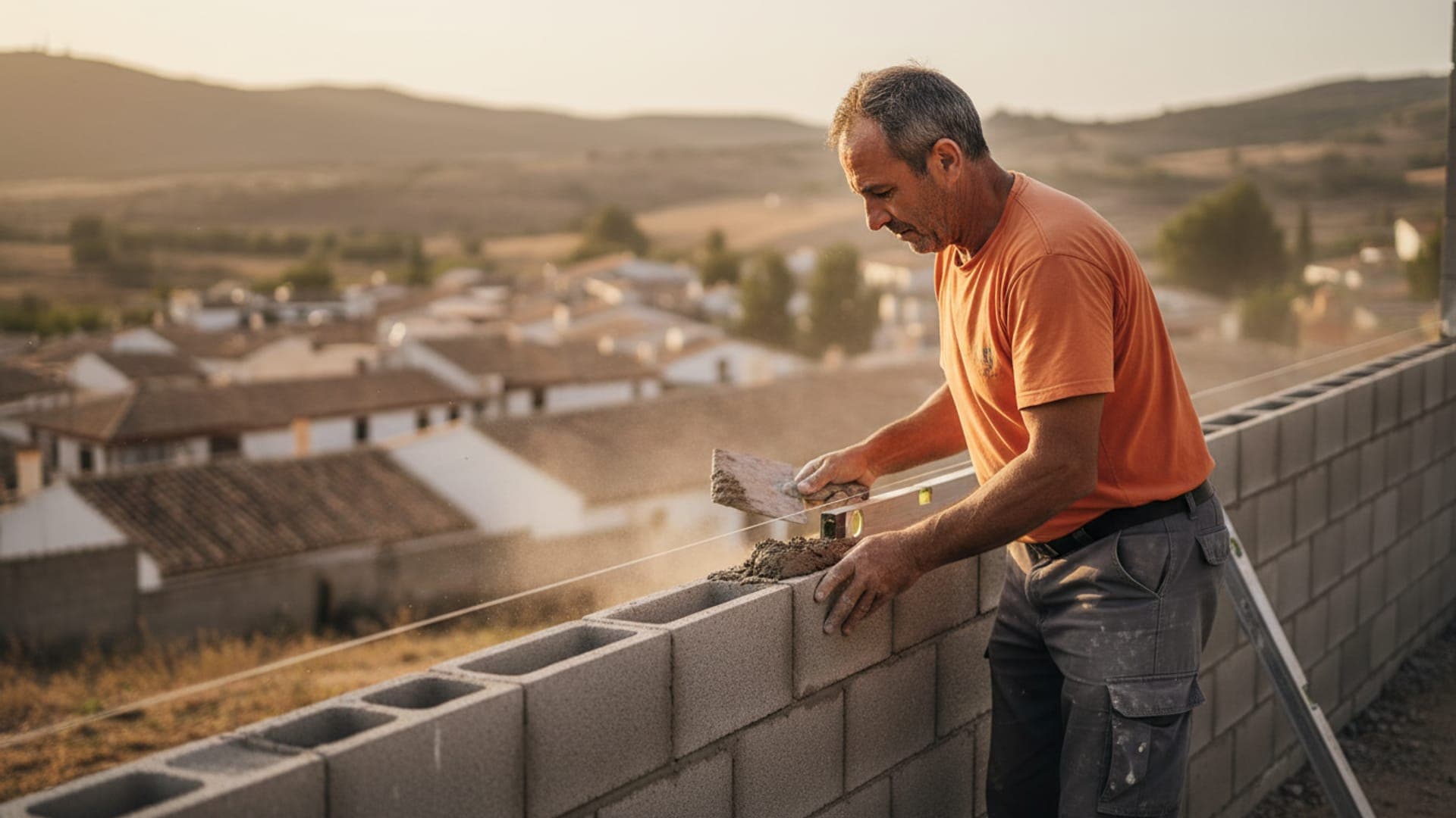 Un albañil levanta un muro de bloque de hormigón a cordel, con la luz de la tarde