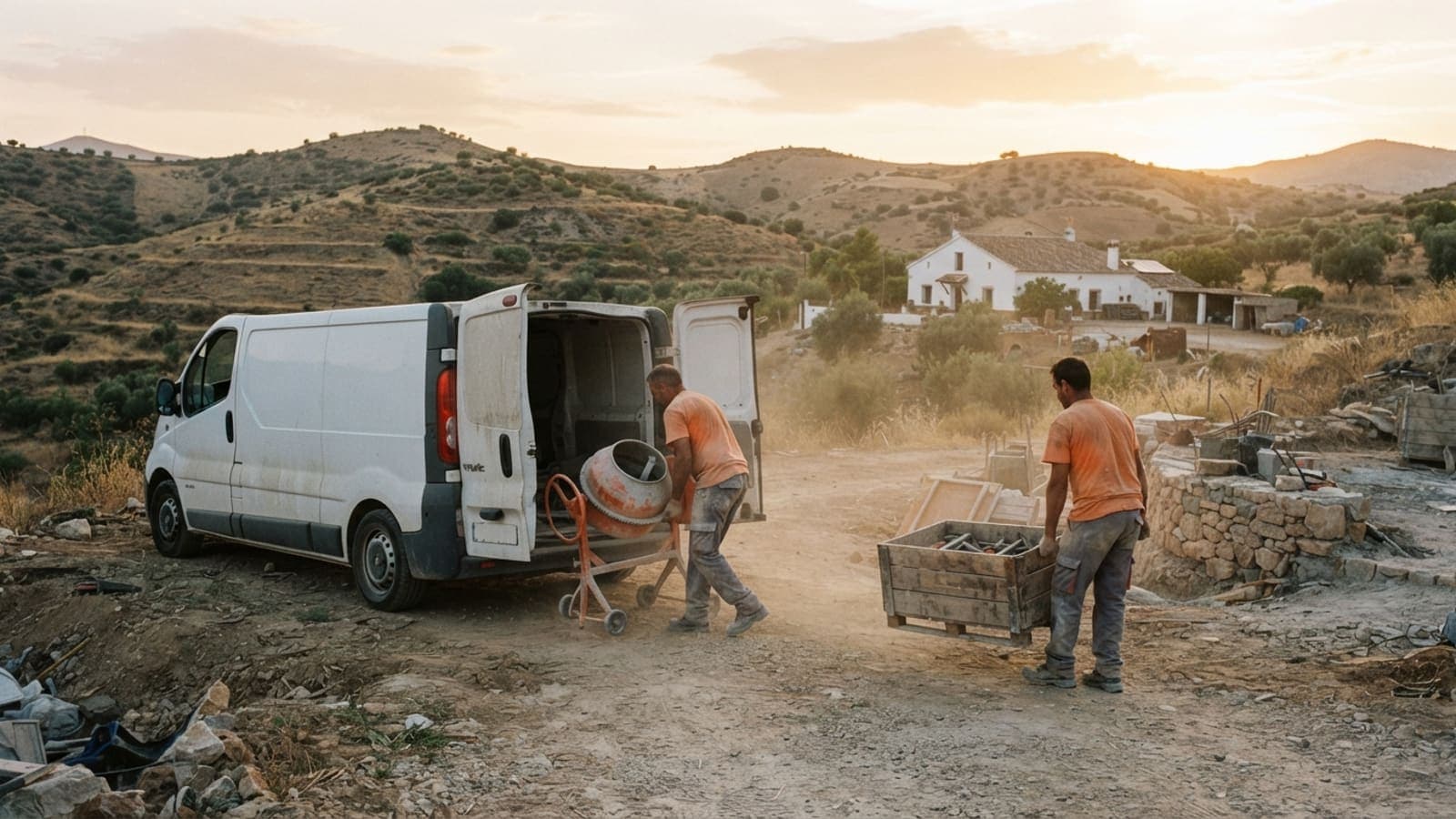 Dos albañiles descargan su material de una furgoneta al amanecer